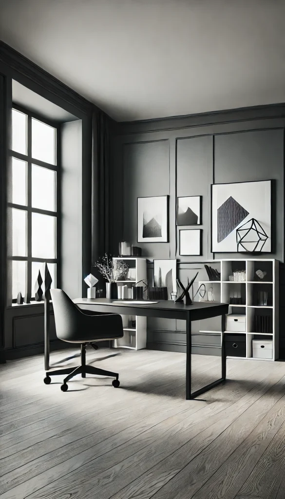 A sleek, modern office with monochrome decor. The room features a black desk with a white chair, and the walls are painted in shades of gray. There are black and white photographs framed on the walls, and the decor is minimalistic with a few geometric sculptures. Large windows allow natural light to flood the space, and there is a black bookshelf with neatly arranged books and decor items. The overall atmosphere is clean, sophisticated, and contemporary.