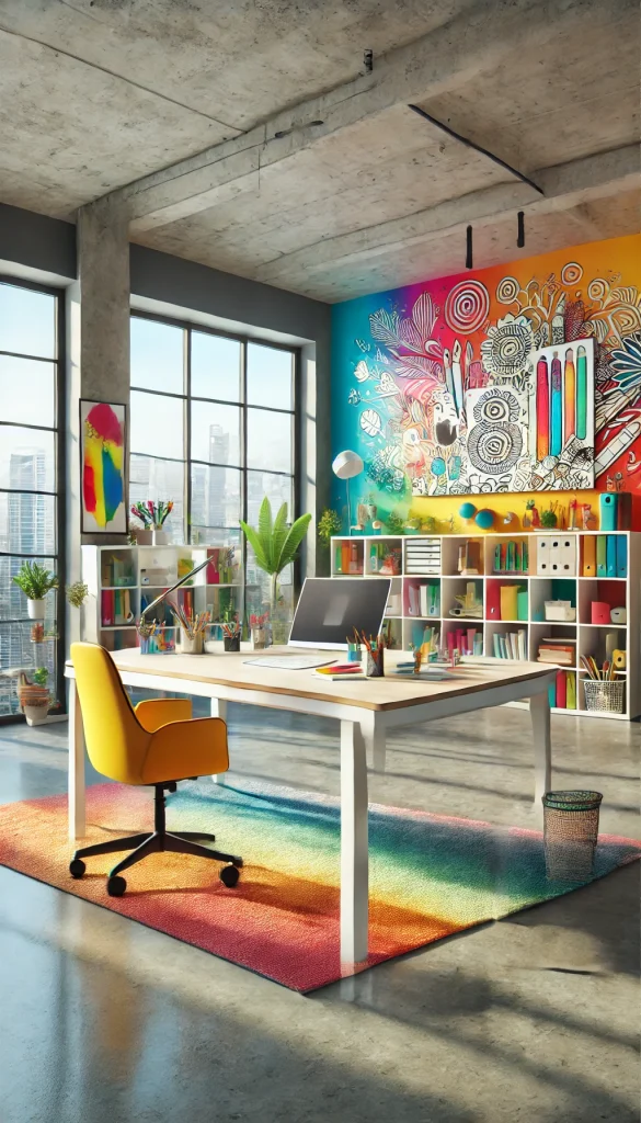 A professional office with a creative and colorful design. The room features a large white desk with a bright yellow chair. The walls are painted with vibrant colors and have murals of abstract art. There are shelves filled with art supplies, books, and decorative items. The room has large windows that allow natural light to enhance the bright and cheerful atmosphere. Indoor plants and colorful rugs add to the lively and inspiring environment.