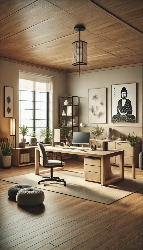 A modern office with a zen-inspired design. The room features a simple wooden desk with a comfortable chair. The walls are painted in a calming neutral color, and there are minimal decorations, including a few pieces of zen art and a small indoor fountain. There is a meditation corner with a yoga mat and a few cushions. Large windows allow natural light to create a peaceful atmosphere, and there are several plants to add a touch of nature. The overall ambiance is serene and focused.
