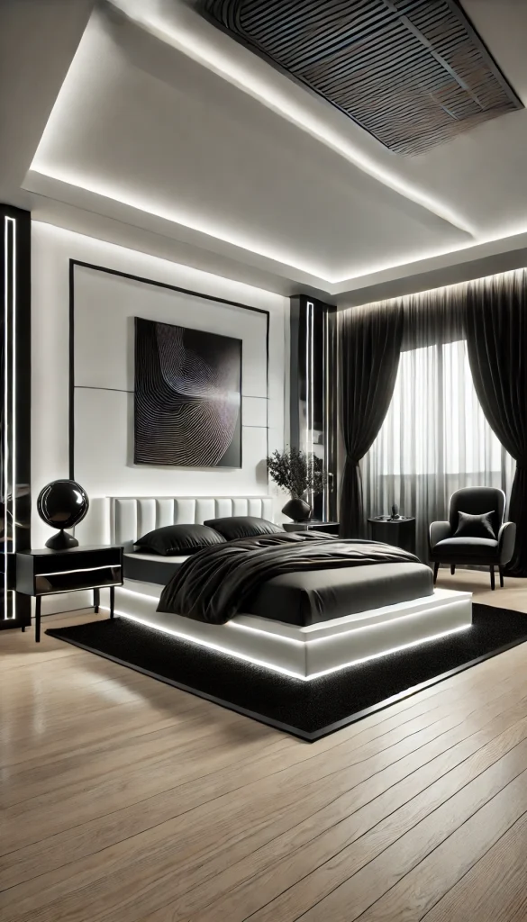 A sleek black and white bedroom with a futuristic design. The room features a white bed with black futuristic bedding, white walls with black LED strip lights, a black dresser with a glossy finish, black and white abstract wall art, and a large floor-to-ceiling window with black-out curtains.