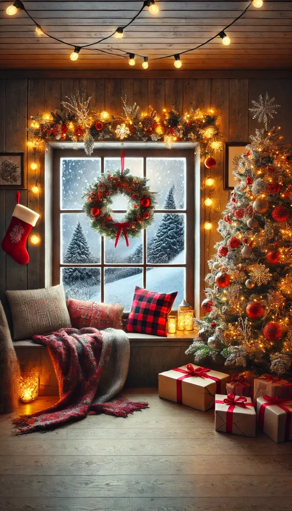 A cozy Christmas window display in a living room with a decorated Christmas tree nearby. The window is adorned with string lights, red and gold ornaments, and a garland of pine branches. Outside, there's a snowy landscape. Inside, there's a warm and inviting atmosphere with wrapped gifts and stockings hung nearby.