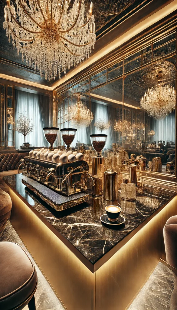 A glamorous coffee bar with mirrored surfaces, a marble countertop, and gold accents. The setup includes a designer coffee machine, crystal coffee cups, and luxurious decor elements like velvet cushions and a chandelier. The space exudes sophistication and elegance.