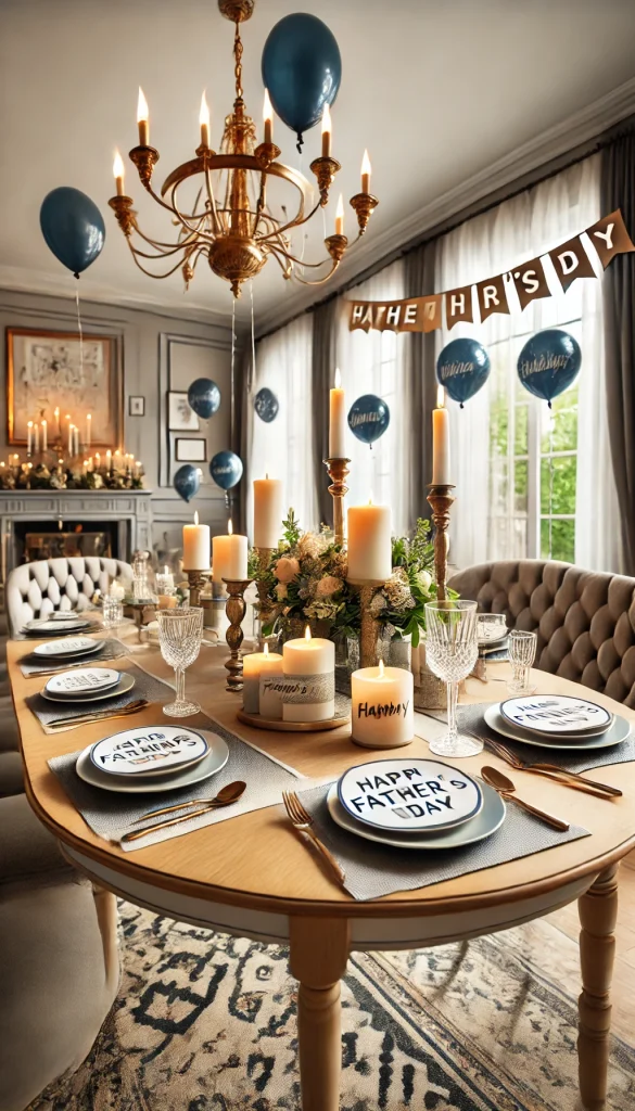A stylish and modern dining room set up for a Father's Day dinner, with a beautifully set table including candles, a centerpiece, and 'Happy Father's Day' place cards. The room is decorated with banners and balloons, and the atmosphere is elegant and celebratory.
