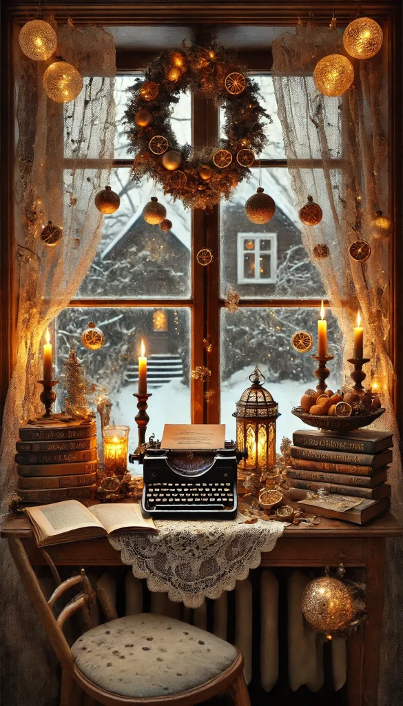 A vintage-inspired Christmas window display in a quaint study. The window is decorated with antique lace curtains, delicate glass ornaments, and a garland of dried orange slices and cinnamon sticks. On the windowsill, there are old-fashioned candle holders, a stack of classic Christmas books, and a vintage typewriter. Outside, there's a snowy garden with twinkling lights.