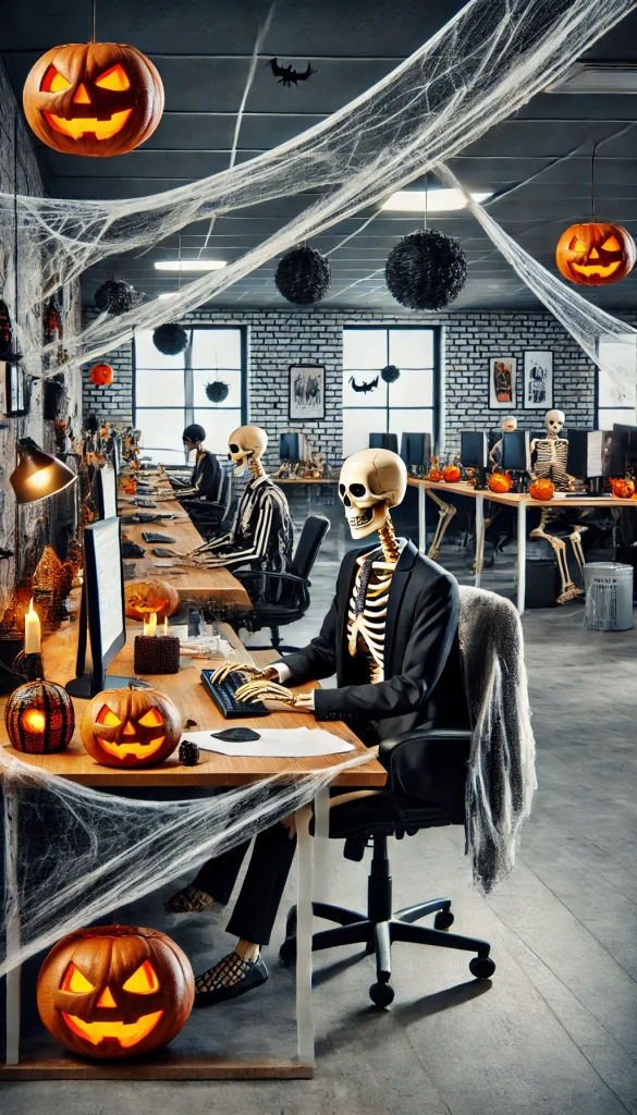 A Halloween-themed office decorated with skeletons working at desks. The skeletons are dressed in business attire, typing on computers, and holding meetings. The office is decorated with cobwebs, pumpkins, and eerie lighting. There are Halloween-themed posters on the walls and spooky decorations on the desks.