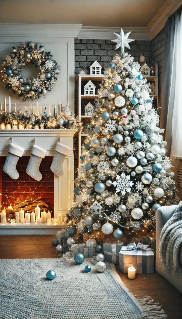 A beautiful white Christmas tree adorned with silver and blue ornaments, snowflakes, and fairy lights, set in a cozy living room with a fireplace and stockings.