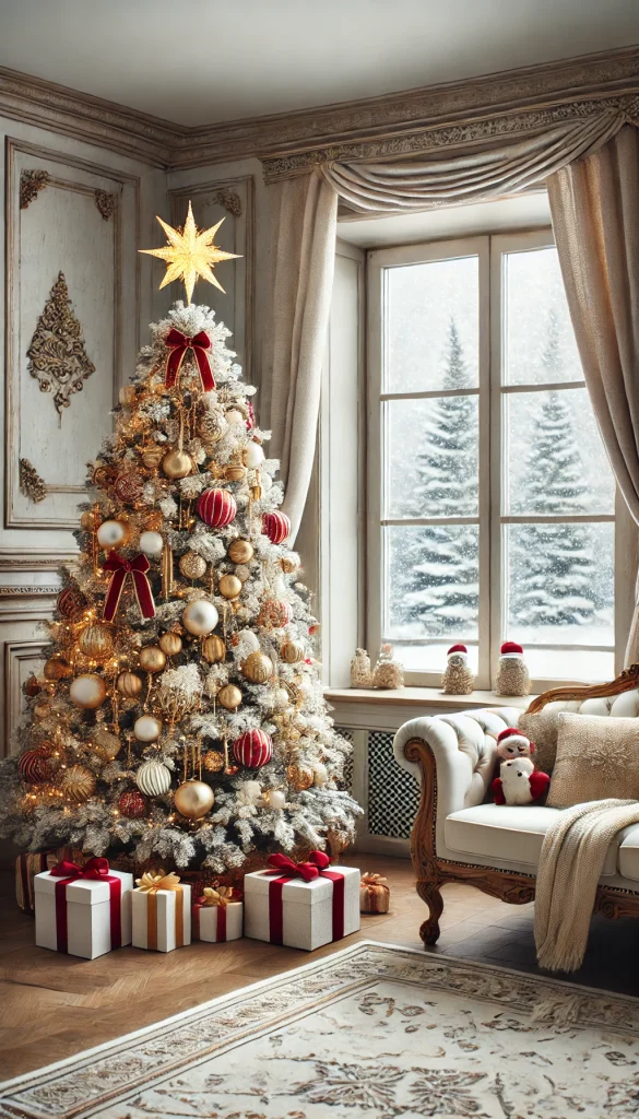 A white Christmas tree decorated with gold and red ornaments, ribbons, and a star topper, placed near a large window with a snowy outdoor view.