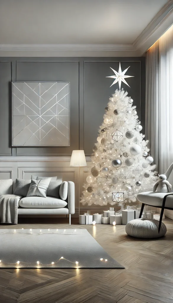 A modern white Christmas tree with minimalist decorations in silver and white, including geometric shapes and LED lights, in a sleek, contemporary living room.