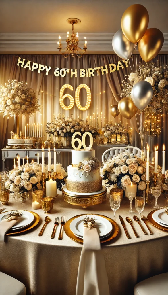 A stylish 60th birthday party setup featuring elegant decorations. The scene includes a luxurious table setting with gold and white color scheme, adorned with candles, flowers, and a '60' centerpiece. In the background, there are gold and silver balloons, a large 'Happy 60th Birthday' banner, and a photo booth area with fun props. The cake is a three-tiered masterpiece with gold accents and a '60' topper. The lighting is warm and soft, creating a sophisticated atmosphere. Overall, the decor feels celebratory, refined, and perfect for a milestone birthday.