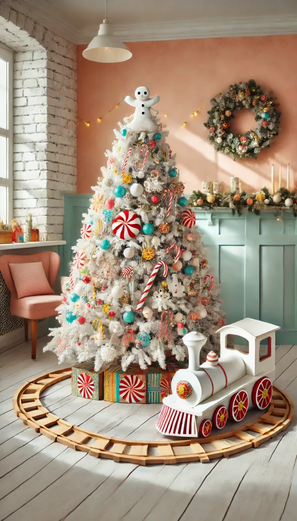 A whimsical white Christmas tree decorated with colorful ornaments, candy canes, and a playful tree topper, set in a bright and cheerful room with a toy train around the base.