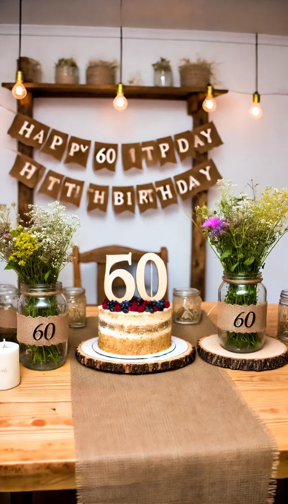 A rustic-chic 60th birthday party setup. The scene features a wooden table with a burlap runner, decorated with mason jars filled with wildflowers and a '60' centerpiece made of twine and wood. The cake is a naked cake with fresh berries and a '60' topper made of wood. The backdrop includes a 'Happy 60th Birthday' banner with a rustic font, and there are string lights and candles creating a warm, cozy atmosphere. The overall vibe is charming, earthy, and perfect for a 60th birthday celebration with a rustic touch.