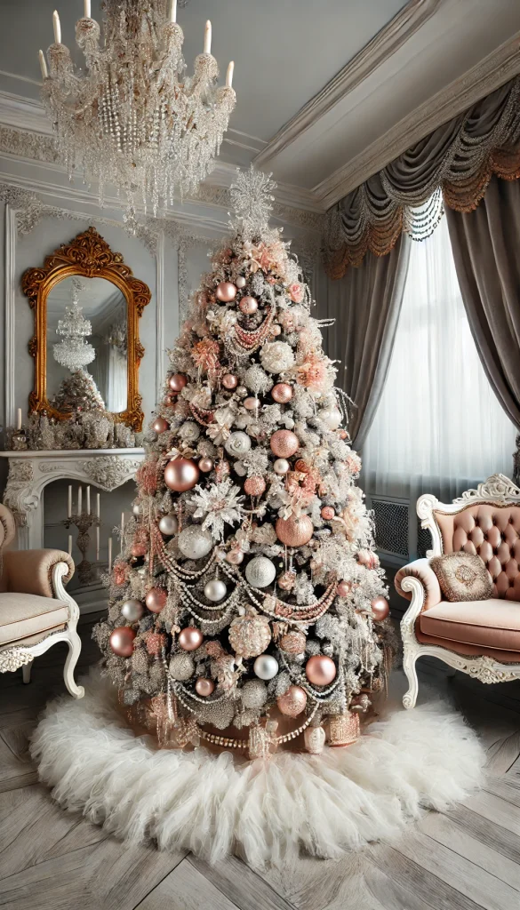 A glamorous white Christmas tree decorated with pink and gold ornaments, pearls, and a luxurious tree skirt, set in an elegant room with a grand chandelier and velvet furniture.