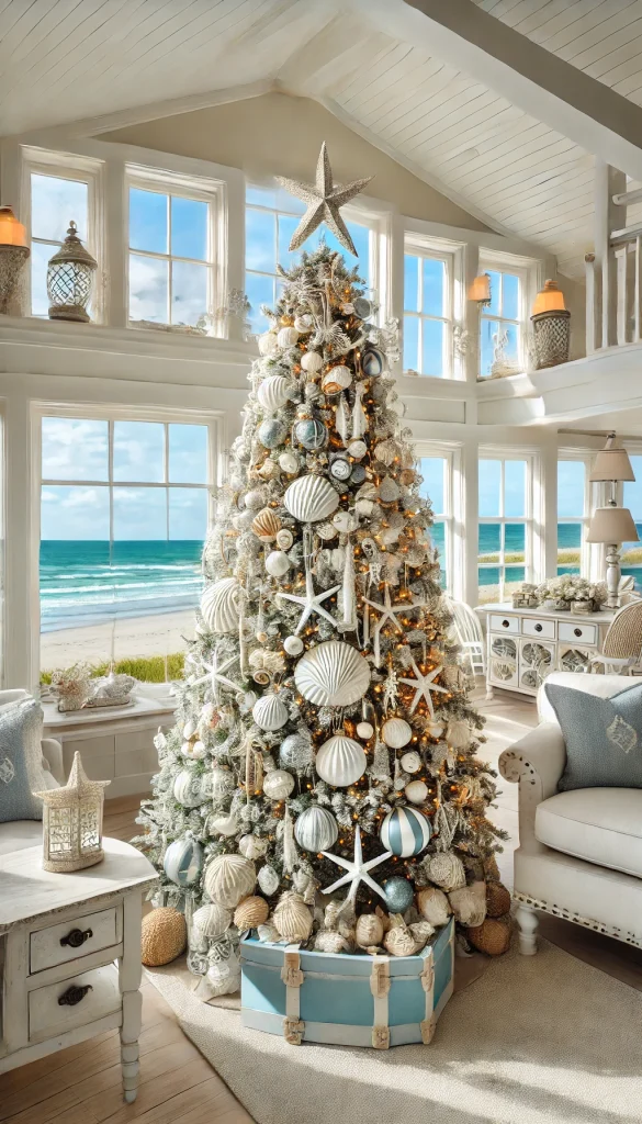 A white Christmas tree with a coastal theme, decorated with seashells, starfish, and nautical ornaments, set in a beach house with large windows and ocean views.