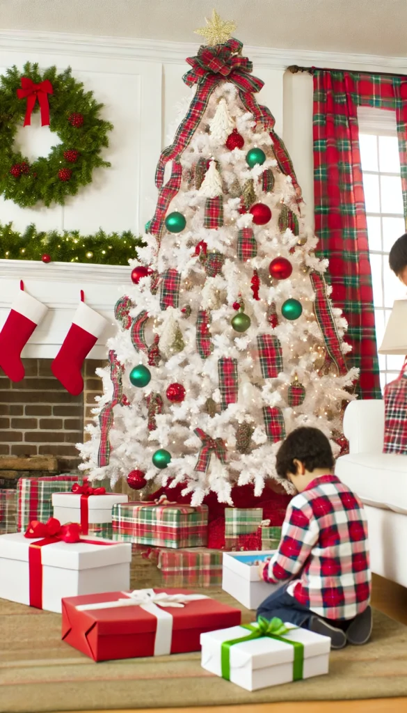 A traditional white Christmas tree decorated with red and green ornaments, plaid ribbons, and classic lights, set in a family room with children opening presents.