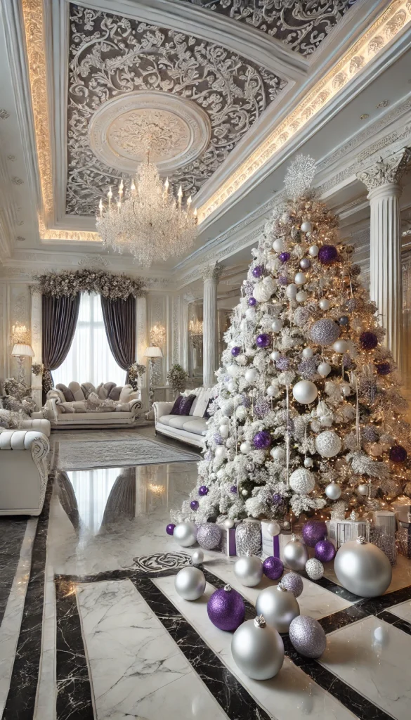 A white Christmas tree decorated with purple and silver ornaments, twinkling lights, and elegant garlands, set in a luxurious living room with marble floors and high ceilings.