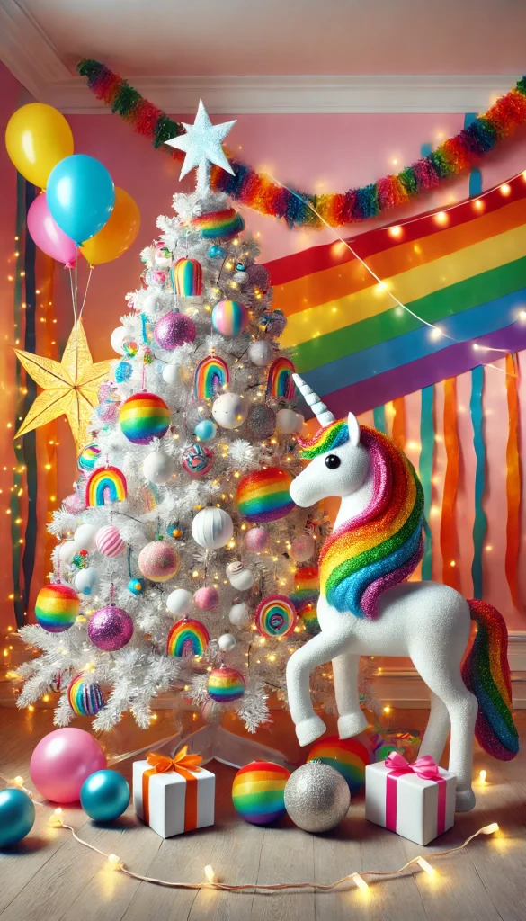 A white Christmas tree with rainbow-colored ornaments, LED lights, and a unicorn tree topper, set in a fun and vibrant room decorated with colorful streamers and balloons.