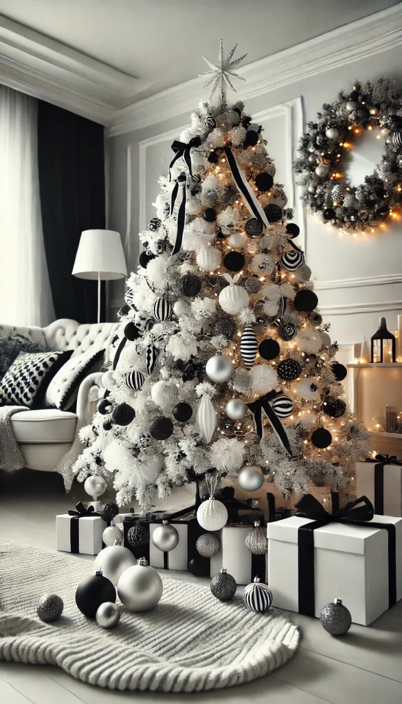 A white Christmas tree decorated with black and white ornaments, elegant ribbons, and monochrome lights, set in a chic and modern living room with black and white decor.