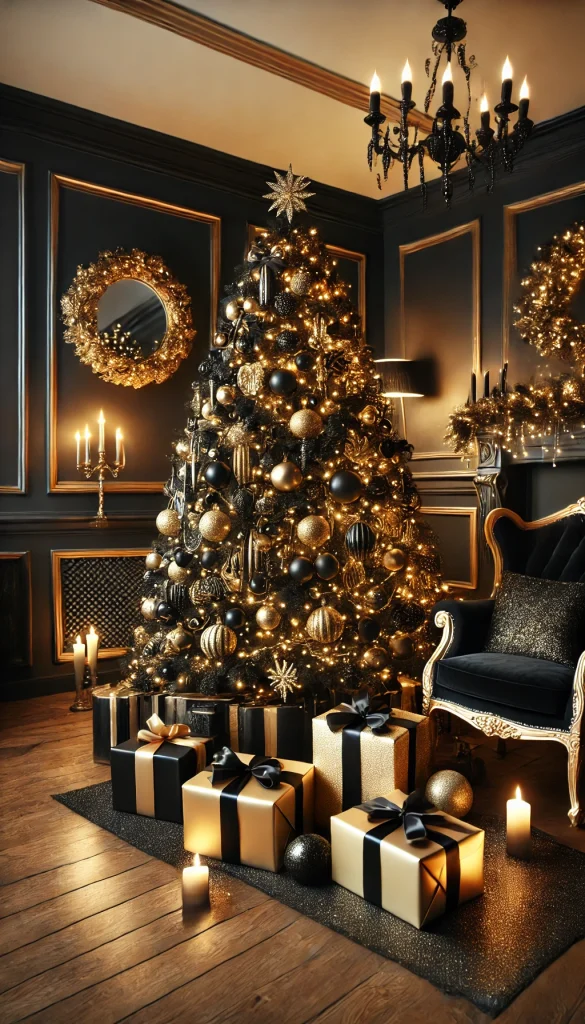 A black Christmas tree decorated with a glamorous black-and-gold theme. The tree is adorned with gold ornaments, glittery baubles, and luxurious ribbons. The lights are warm white, creating an elegant and sophisticated atmosphere. The setting includes a room with black and gold decor, a velvet armchair, and a few presents wrapped in gold paper with black ribbons under the tree. A crystal chandelier hangs above, adding to the opulent feel of the scene.