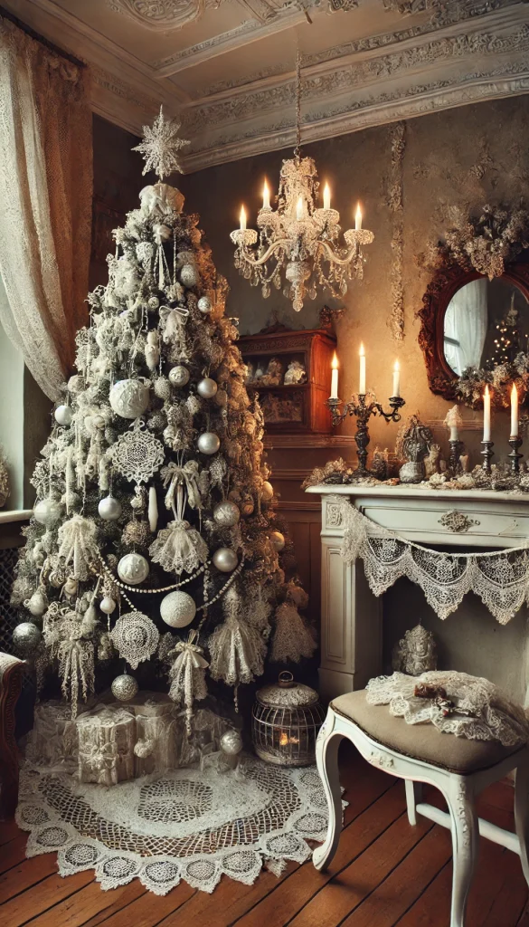 A vintage white Christmas tree decorated with antique ornaments, lace garlands, and candle lights, set in a nostalgic room with old-fashioned furniture and vintage holiday decorations.
