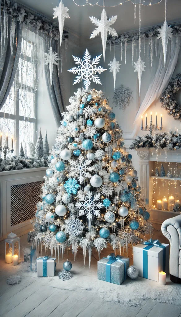 A white Christmas tree decorated with blue and silver snowflake ornaments, icicle lights, and a crystal star topper, set in a winter wonderland-themed room with snow-covered decorations.