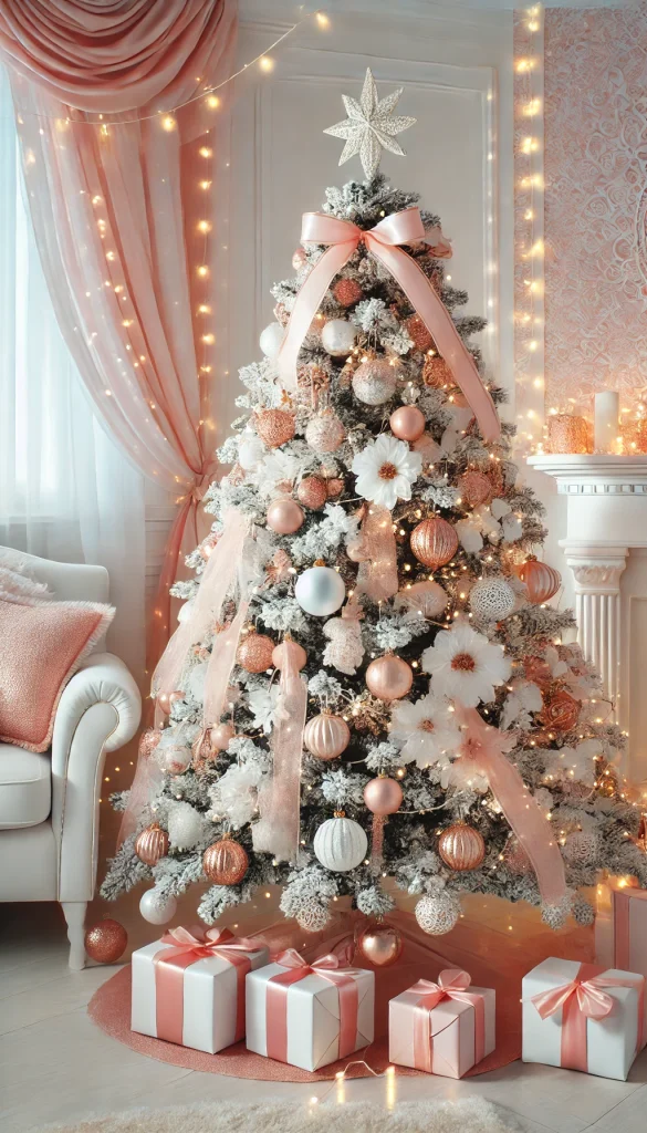 A white Christmas tree decorated with rose gold ornaments, soft pink ribbons, and twinkling fairy lights, set in a romantic room with blush pink and white decor.