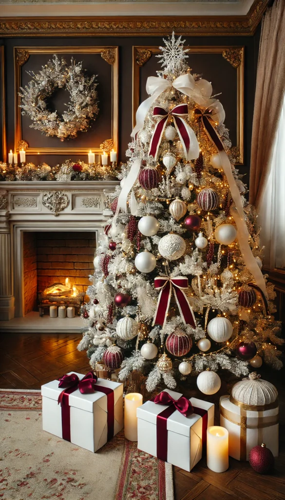 A white Christmas tree decorated with burgundy and gold ornaments, elegant ribbons, and warm white lights, set in a cozy room with a roaring fireplace and rich, dark wood furniture.