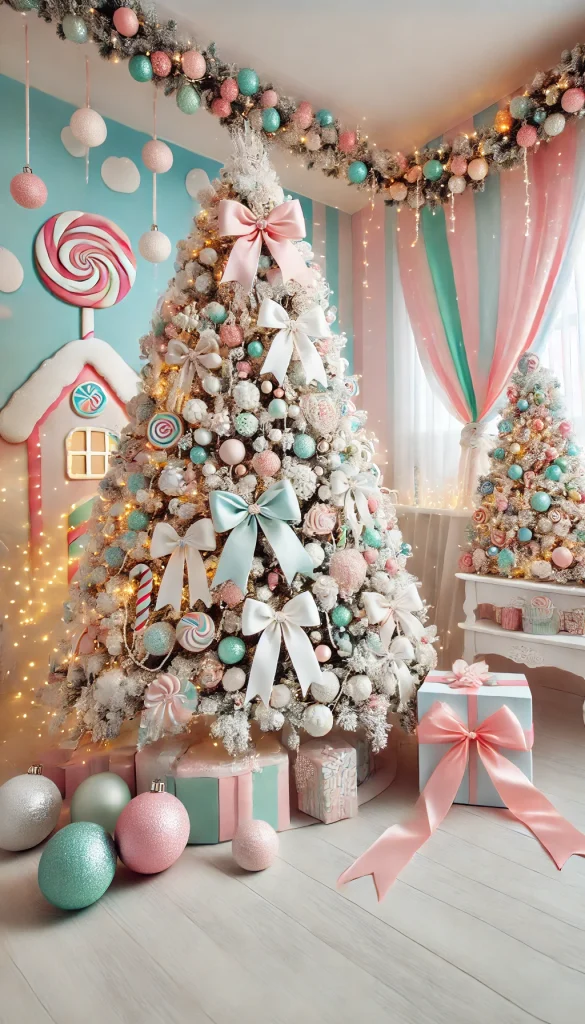 A white Christmas tree with a whimsical theme, decorated with pastel-colored ornaments, oversized bows, and glittering tinsel, set in a playful room with a candyland backdrop.