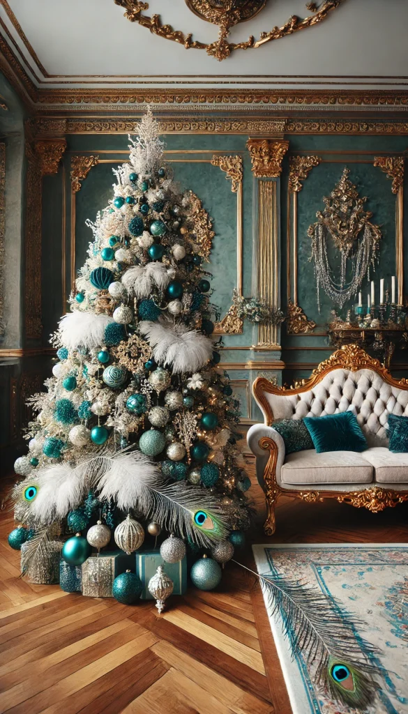A white Christmas tree decorated with teal and gold ornaments, peacock feathers, and shimmering garlands, set in an opulent room with velvet furniture and jewel-toned decor.