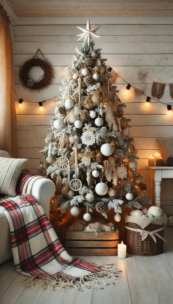 A white Christmas tree decorated with rustic wooden ornaments, plaid ribbons, and warm string lights, set in a farmhouse-style living room with shiplap walls and cozy textiles.