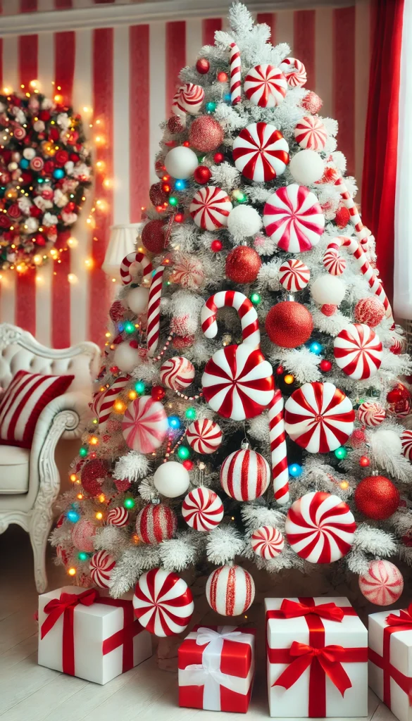 A white Christmas tree decorated with vibrant red and white candy cane ornaments, peppermint swirls, and colorful lights, set in a festive room with a candy-themed decor.