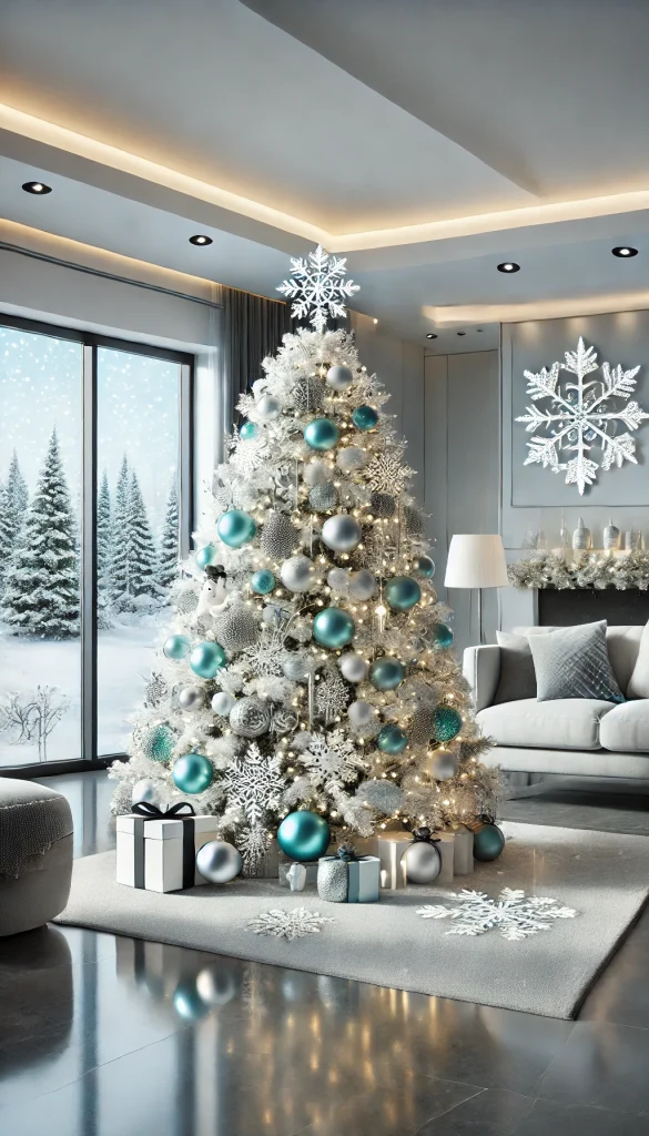 A white Christmas tree decorated with silver and teal ornaments, snowflake decorations, and LED lights, set in a modern living room with sleek furniture and a large window overlooking a snowy landscape.