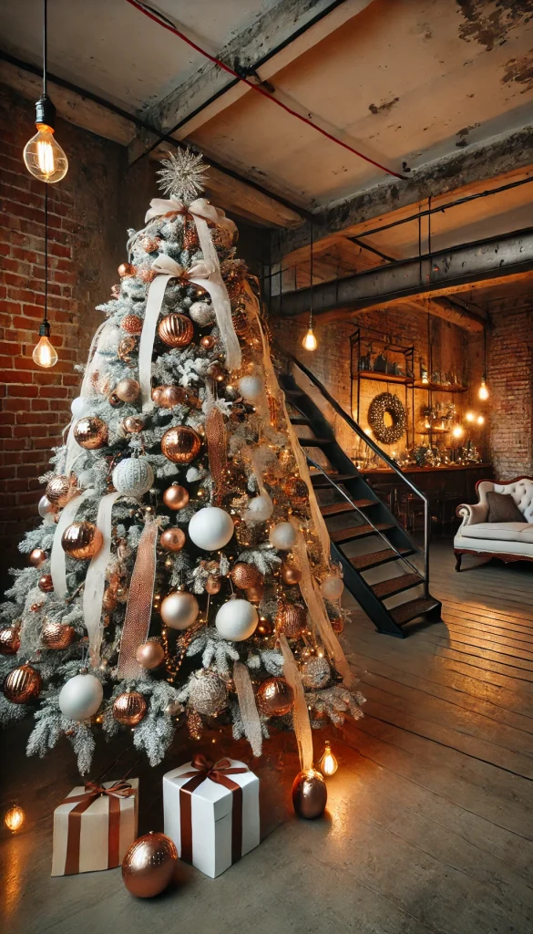 A white Christmas tree decorated with copper and bronze ornaments, rustic ribbons, and warm Edison bulb lights, set in an industrial-style loft with exposed brick walls and metal accents.