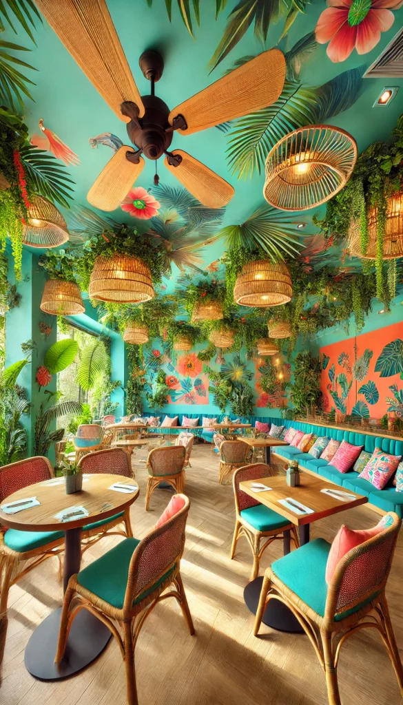 A vibrant restaurant interior with a tropical theme. The space is filled with lush greenery, including large potted plants and hanging vines. The walls are painted in bright, cheerful colors like turquoise and coral, with murals of exotic birds and flowers. The seating includes rattan chairs and wooden tables, with colorful cushions that add a playful touch. Ceiling fans made of woven materials and pendant lights with a tropical flair provide both function and style. The atmosphere is lively, refreshing, and perfect for a casual, fun dining experience.