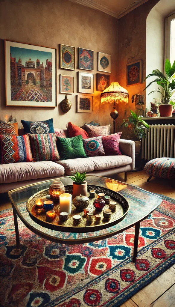 A glass coffee table in an eclectic, boho-chic living room. The table is decorated with a colorful Moroccan tray holding assorted candles, a vintage brass lamp, and a small potted plant. The living room features a mix of vibrant throw pillows on a large, overstuffed sofa, a patterned area rug, and a gallery wall with eclectic art pieces. The room has a warm and inviting atmosphere with a blend of textures, patterns, and colors.