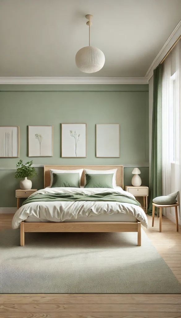 A serene and minimalist sage green bedroom inspired by Scandinavian design. The room features a light sage green wall with a low platform bed made of light wood. The bed is dressed in white linens with a sage green duvet cover and matching pillows. There is a small wooden side table with a simple ceramic lamp and a single potted plant. The floor is covered with a light grey rug, and a large window with white sheer curtains allows natural light to flood the room. The decor is minimal, with only a few framed line art prints on the wall, creating a calm and peaceful atmosphere.