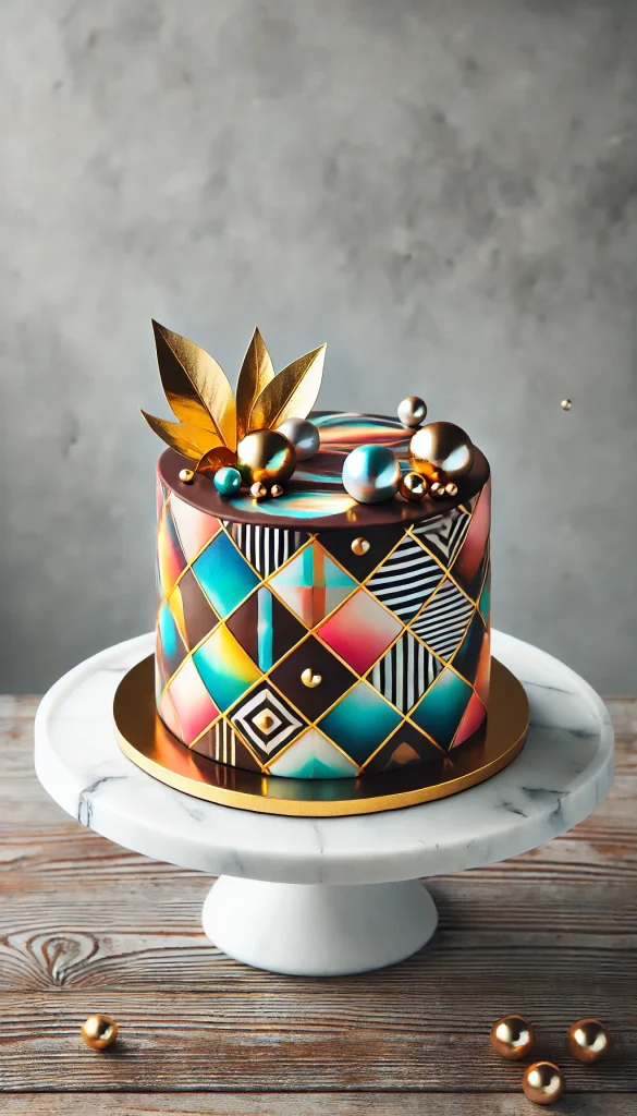 A modern chocolate cake with geometric patterns in bright colors, topped with a mirrored glaze and decorated with small edible pearls and gold leaf accents, on a sleek marble cake stand.