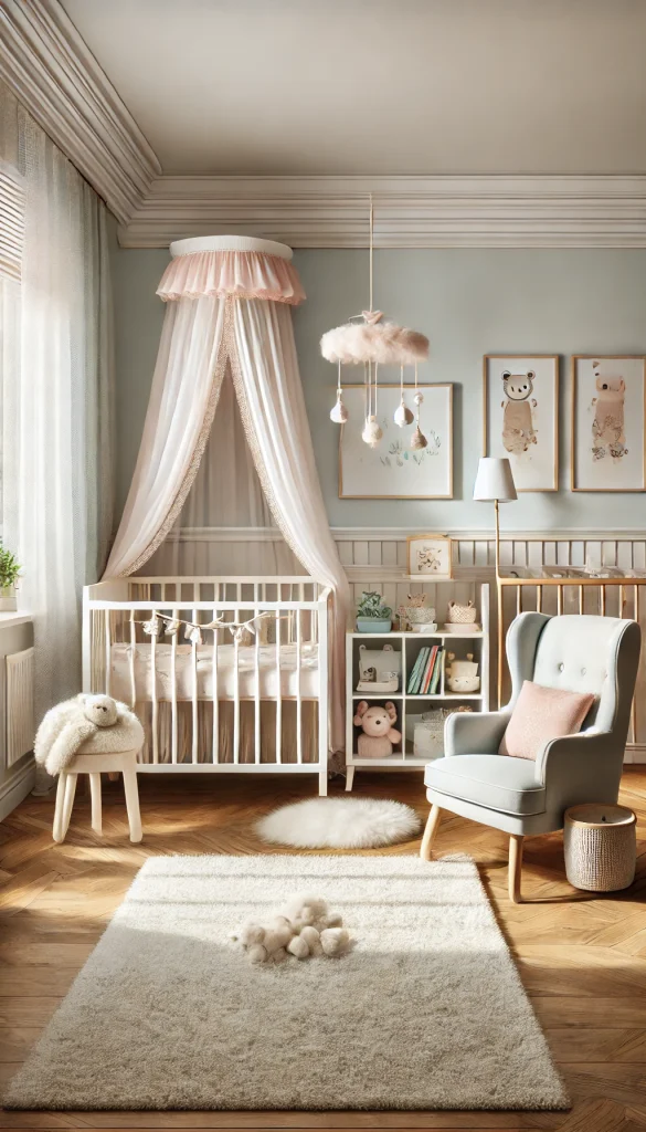 A cozy nursery room with soft pastel colors, featuring a white crib with a canopy, a plush armchair, a small bookshelf filled with children's books, and a fluffy rug. The walls are adorned with cute animal prints and a mobile hanging from the ceiling. The room is well-lit with natural sunlight coming through a window with light curtains.