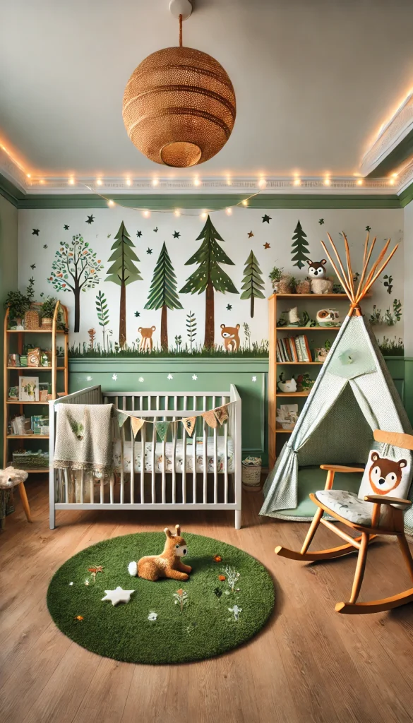 A whimsical nursery decorated with a woodland theme, featuring a crib with forest animal bedding, a tree-shaped bookshelf, and a teepee play tent. The walls are painted in a light green with tree and animal decals. A soft, leafy rug covers the floor, and there are fairy lights strung across the ceiling. A rocking chair with a forest-themed cushion sits in one corner.
