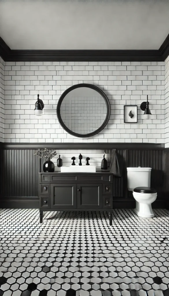 Classic black and white bathroom with white subway tiles on the walls, black hexagonal floor tiles, a black vanity with white countertop, a large round mirror with black frame, and black fixtures. The design should have a timeless and elegant feel with clean lines and a balanced color palette.