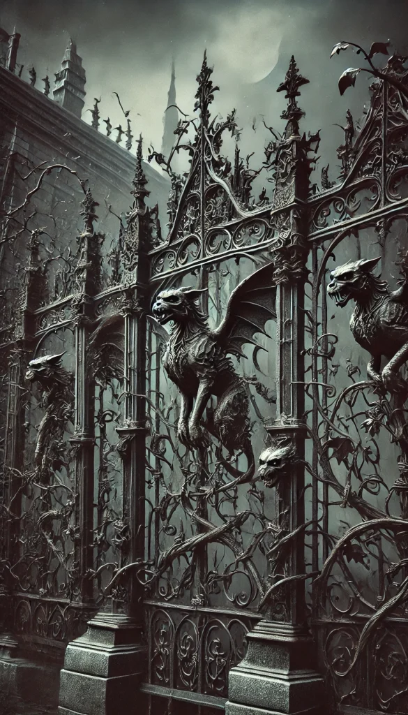 A wrought iron fence with a gothic theme. The fence is decorated with ornate ironwork and gargoyle statues. Dark, thorny vines twist around the iron bars, creating a mysterious and dramatic scene.