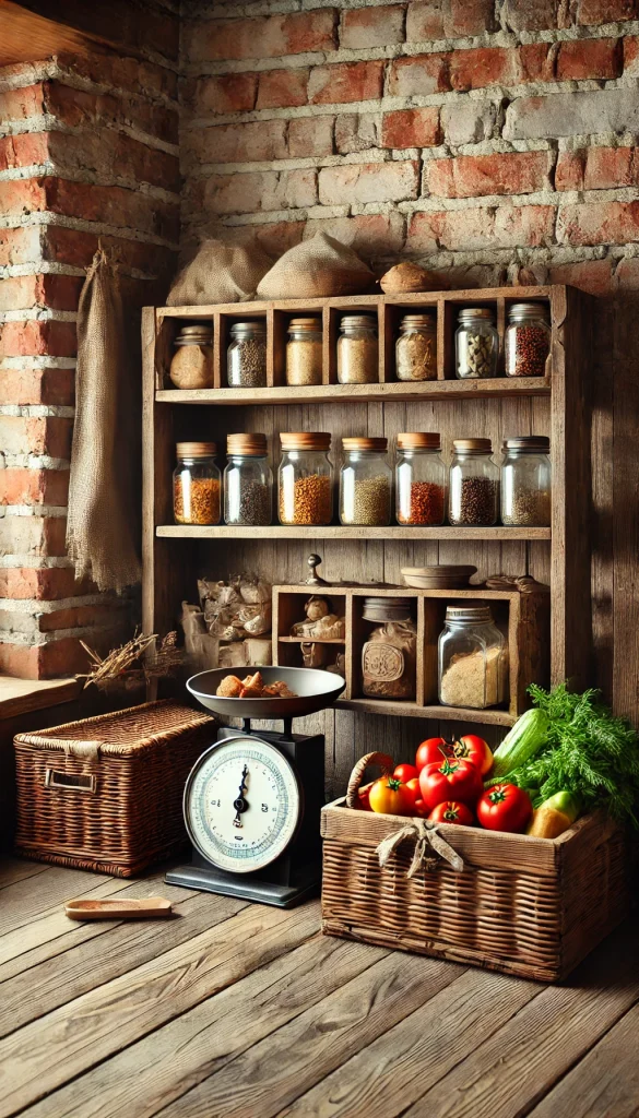 A rustic corner in a farmhouse kitchen with wooden shelves, mason jars filled with spices, a vintage scale, and a basket of fresh vegetables. The walls are made of exposed brick, adding to the rustic charm.
