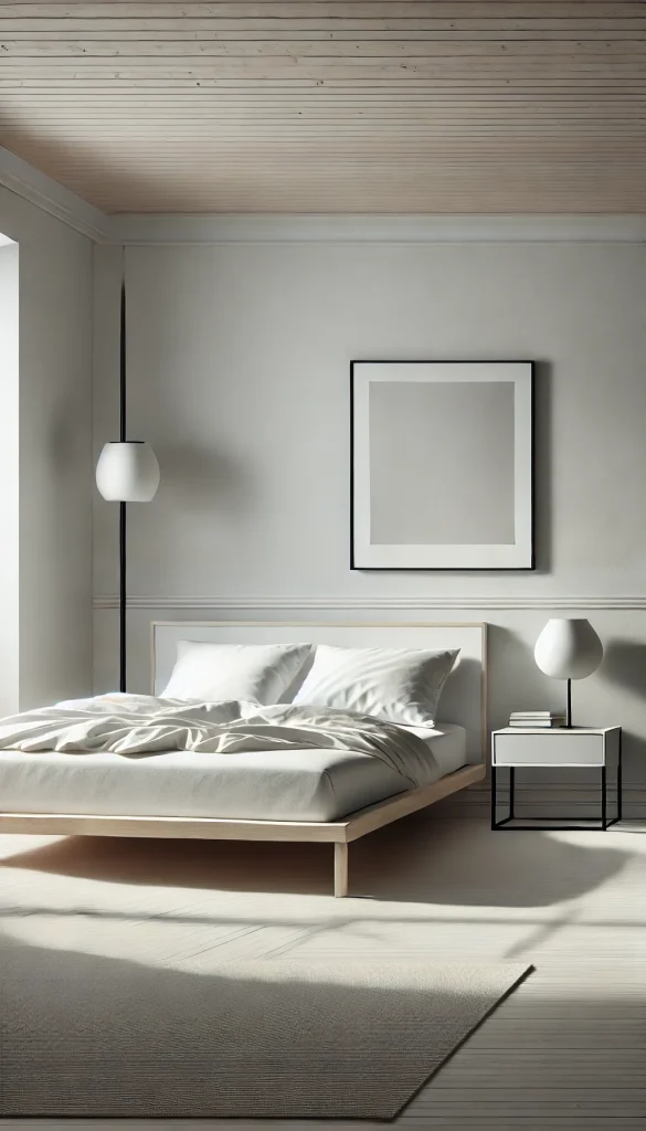 A minimalist bedroom with a clean, simple design. It features a low platform bed with white bedding, a sleek nightstand with a modern lamp, and a few carefully chosen decor items like a monochrome painting and a small plant. The room is uncluttered and serene.