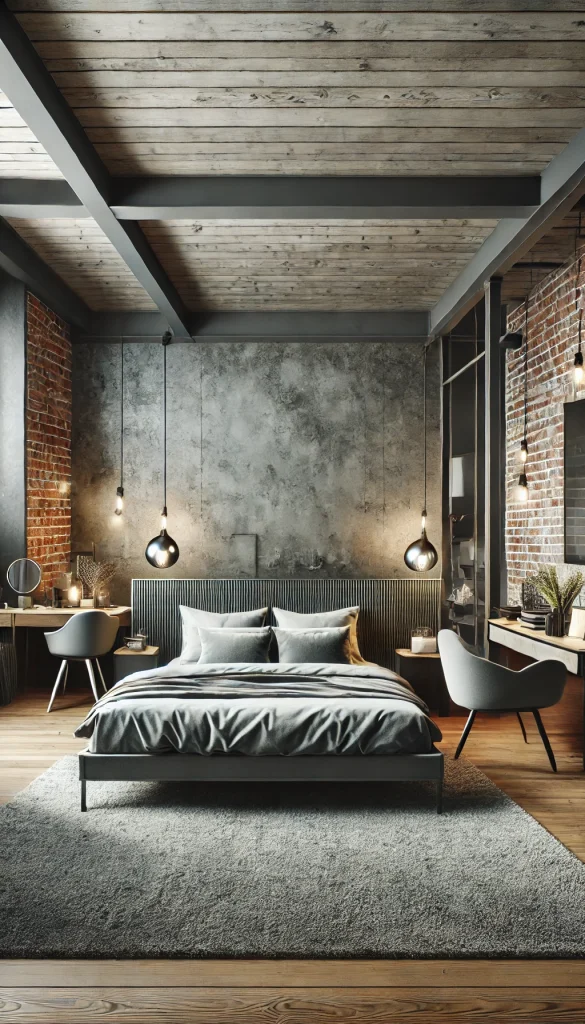 A chic bedroom with an industrial style, featuring a bed with grey linens, exposed brick walls, and metal accents. The room includes a sleek desk with a modern chair, pendant lighting, and minimalist decor items. The overall look is edgy yet sophisticated.