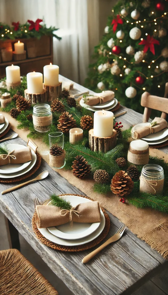 A beautifully decorated Christmas table with a rustic theme. The table is set with natural elements like pine cones, evergreen branches, and burlap table runners. There are candles in mason jars, wooden place cards, and white plates with simple red napkins. The overall feel is cozy and warm, perfect for a country Christmas.