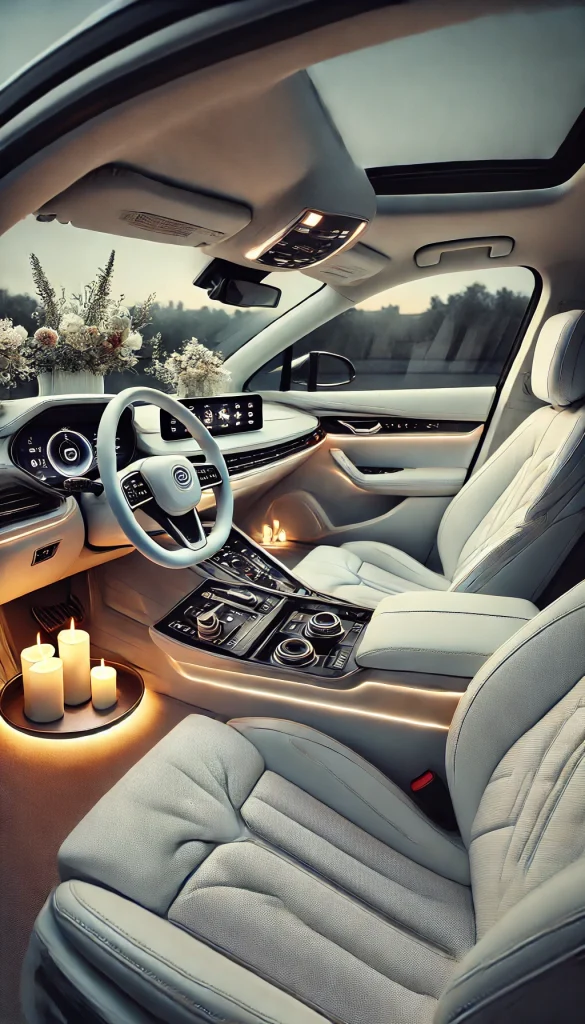 A luxurious car interior with a minimalist design, featuring all-white leather seats, a high-tech dashboard, and ambient lighting. The car is also adorned with fresh flowers and scented candles for an elegant touch.