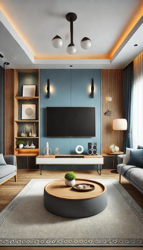A stylish living room with a flat-screen TV mounted on a blue accent wall. The TV is flanked by two modern wall sconces and a floating wooden shelf below it, holding decorative items and small plants. The room features contemporary furniture with a grey sofa, a round wooden coffee table, and a cozy rug.