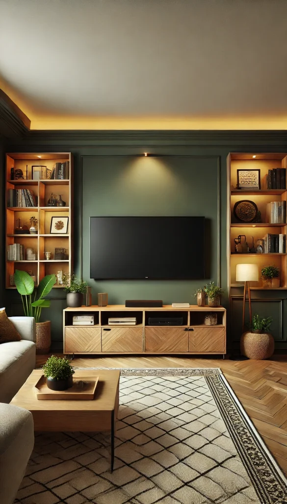 A cozy living room with a flat-screen TV mounted on a dark green accent wall. The TV is flanked by wooden shelves displaying books and decor items. Below the TV, there is a wooden media console with a few potted plants and decorative pieces. The room features comfortable furniture with a beige sofa, a wooden coffee table, and warm lighting.