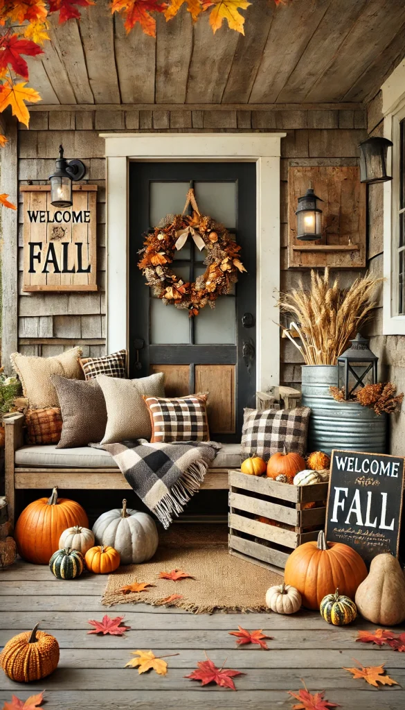 A farmhouse-style fall porch with a cozy and rustic feel. The porch features a wooden bench with a plaid blanket and several pillows in earthy tones. There are wooden crates filled with pumpkins and gourds, and a galvanized metal bucket holds a bundle of dried wheat. The door is adorned with a wreath made of burlap, pinecones, and small pumpkins. A 'Welcome Fall' sign made of reclaimed wood leans against the wall, and an old-fashioned lantern hangs from a hook near the door. The porch is surrounded by colorful autumn leaves, adding to the warm, inviting atmosphere.
