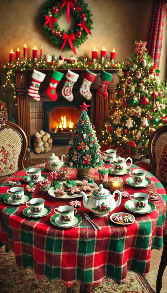 A Christmas-themed tea party setup in a cozy living room. The table is covered with a red and green plaid tablecloth and decorated with Christmas-themed tea cups, a porcelain teapot shaped like a Christmas tree, and plates with gingerbread cookies and peppermint bark. The centerpiece is a small pine tree with tiny ornaments. Around the table, there are plush chairs with red and green cushions, and a fireplace in the background with stockings hanging and a warm, inviting fire glowing.