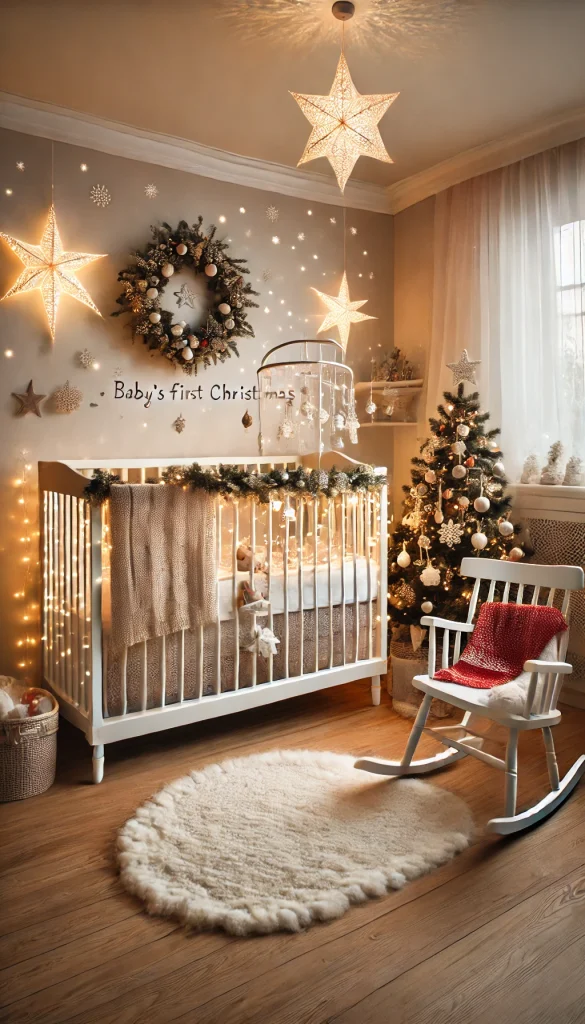 A cozy Christmas nursery decorated with a white crib adorned with a garland of lights and a mobile of stars. There is a soft, plush rug on the floor, and a rocking chair with a red and white knitted blanket. A small Christmas tree with soft white lights stands in the corner, and the walls have decals of snowflakes and a 'Baby's First Christmas' banner. The room has soft, warm lighting, creating a peaceful and festive atmosphere.
